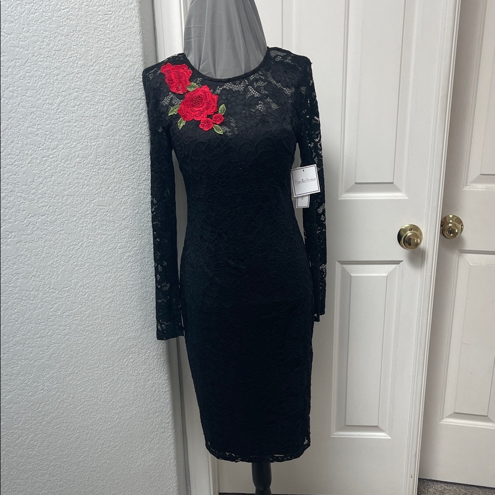 Premier Black Lace Long Sleeve Dress with Red Rose Embroidery